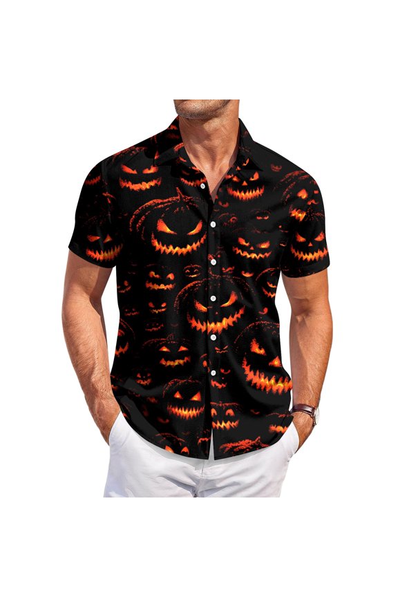 Halloween Graphic T-Shirts for Men Vintage Pumpkin 3d Printed Short Sleeve Button Down T-Shirt Loose Fit Festive Soft Casual Daily Tees,M,Saffron