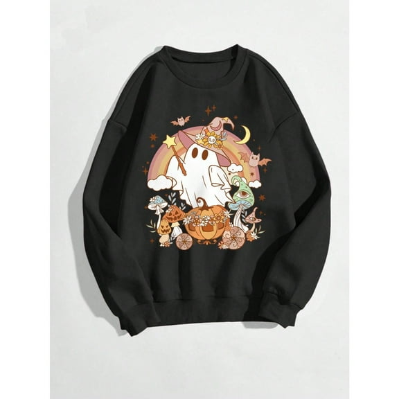Halloween Graphic Tee，Ghost Pumpkin Print，Loose Fit Sweatshirt，Soft Comfort Top，Round neck，Cute，cotton，black，S-3XL