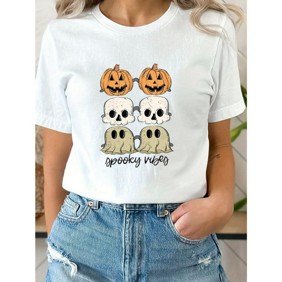 Halloween Graphic Tee Scary Pumpkin Ghost Print Crew Neck Casual Comfort Cotton T-Shirt White S-5XL