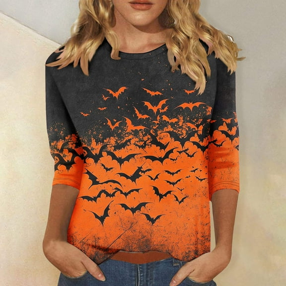Halloween Graphic Tops for Women 3/4 Length Sleeve Spooky Season Bat Print Crewneck Shirts Pumpkin Color Block Casual Tunic Funny Sweatshirts 2025 Trendy Holiday Blouses