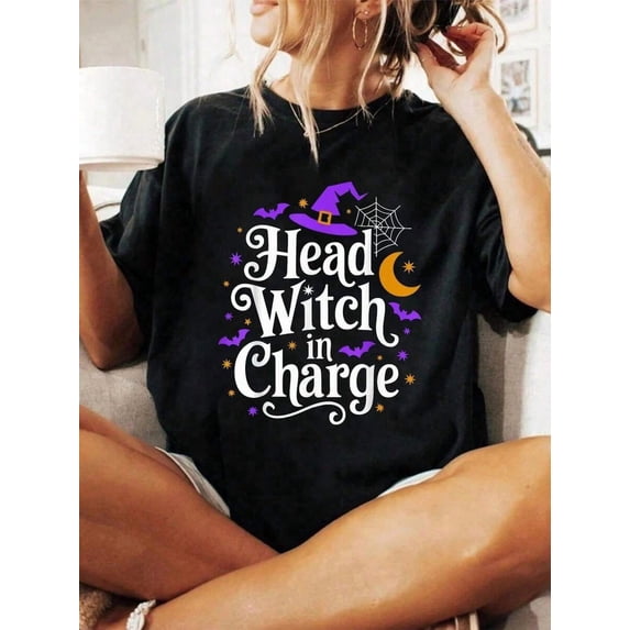 Halloween Graphic Women T Shirt Head Witch In Charge Funny Halloween Costume For Witches T-Shirt