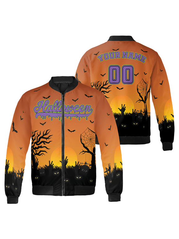 Halloween Graveyard Bomber Jacket – Custom Name & Number – Spooky Sunset Zombie Theme – Unisex Halloween Outerwear