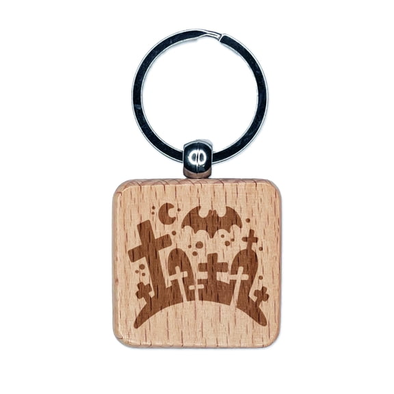 Halloween Graveyard Cemetery Tombstones Square Keychain Charm Tag - Engraved Wood