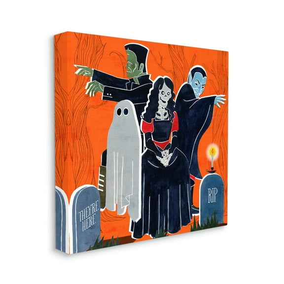 Halloween Graveyard Monsters Vibrant Orange Pop Holiday Gallery-Wrapped Canvas Print Wall Art, 17x17