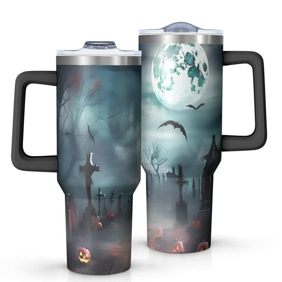 Halloween Graveyard Scene Pattern Tumbler with Handle and Lid,40oz Double Wall Vacuum Insulated Tumbler,Cups Gift for Women and Men
