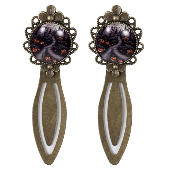 Halloween Graveyard Vintage Copper-Colored Lace Bookmarks: Stylish Stainless Steel Reading Accessories for Book Lovers - Set of 2