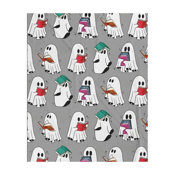 Halloween Gray Ghost Throw Blanket, Soft Warm Fuzzy Flannel for Kids Teens, Cute Book Lover Holiday Room Decor Gifts, Cozy Fall Bed Couch Travel Nap, 50x60in