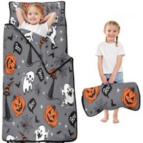 Halloween Gray Ghosts Cats and Pumpkins Toddler Nap Mats for Kids Preschool,50"x20" Sleeping Mat Bag or Kids,Toddler Sleeping Bag,Toddler Nap Mat or Daycare