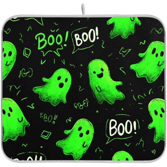 Halloween Green Ghost Dish Drying Mat for Kitchen Counter 16 x 18 inch Rack Pads Microfiber Dry Dishes Drainer Mats Dish Drying Pad Tableware Countertops Decor