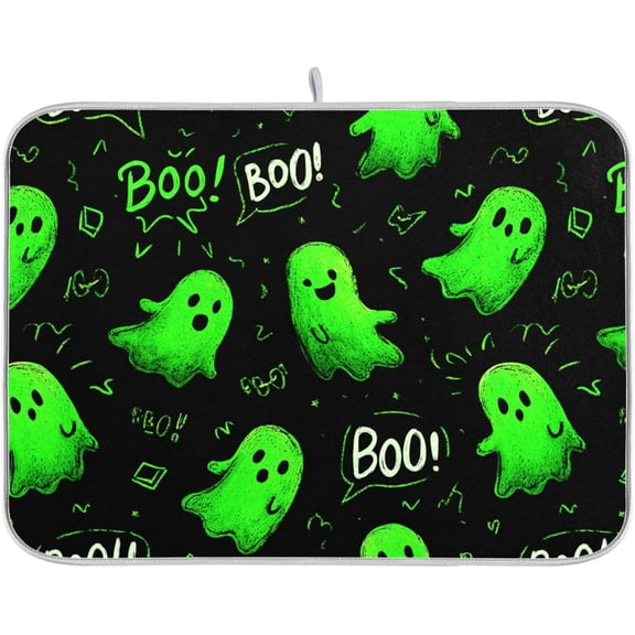 Halloween Green Ghost Dish Drying Mat for Kitchen Counter 18 x 24 inch Rack Pads Microfiber Dry Dishes Drainer Mats Dish Drying Pad Tableware Countertops Decor
