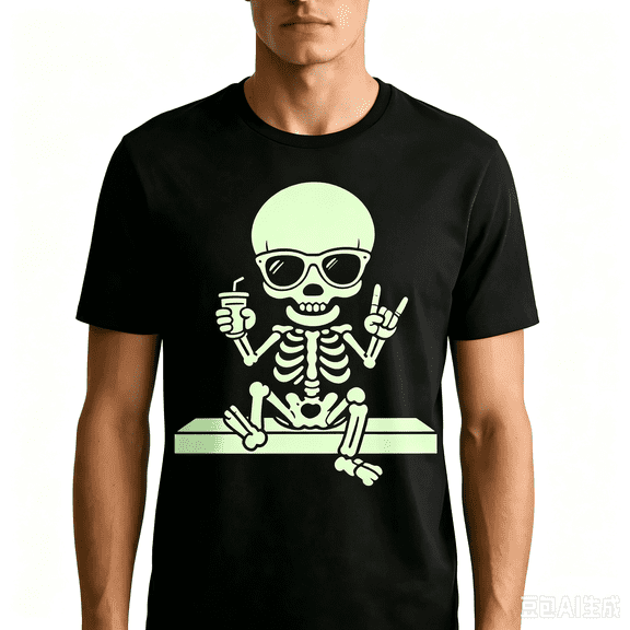 Halloween Green Glow‑in‑the‑Dark T-Shirt Funny Skeleton Holding a Drink Luminous Graphic T-Shirt Short Sleeve 100% Cotton Casual Tee Unisex T-Shirt