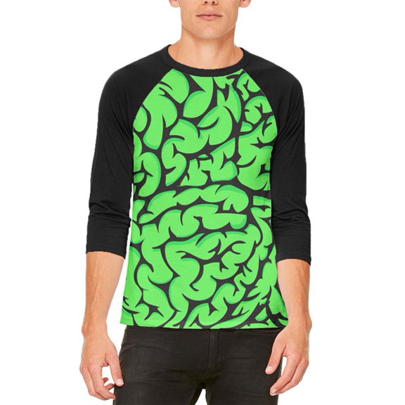Halloween Green Zombie Brains Costume Mens Raglan T Shirt White-Black SM