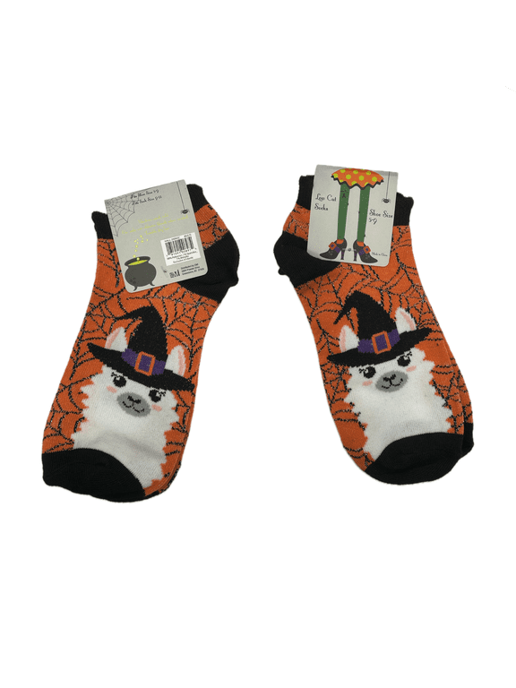 Halloween Grey Black Cat Jack-O-Lantern Bats "Cat-O-Ween" Low Cut Socks, Shoe Size 5-9, Sock Size 9-11