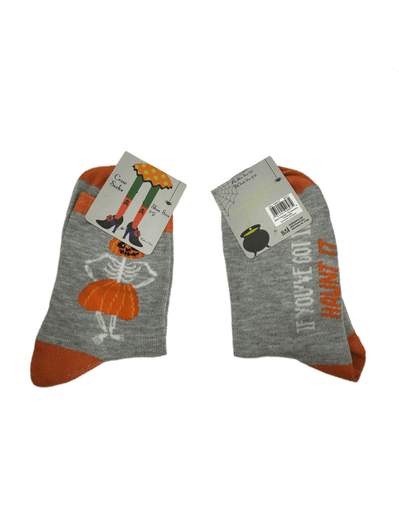 Halloween Grey Orange Jack-O-Lantern Skeleton Crew Socks, Shoe Size 5-9, Sock Size 9-11