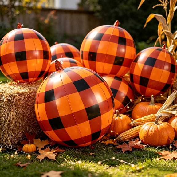 Halloween Grid Balloon, Large Foil Pumpkin Decoration with Black Grid Design, Fall Harvest Party Decor for Photo Props