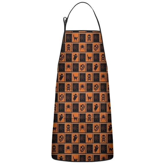 Halloween Grid Icons Pattern Apron-Garden Aprons for Women with Pockets-Cotton Linen Waterproof Kitchen Cooking Gardening Aprons Adjustable for Kitchen,Cooking,BBQ and Salon 33"x27"
