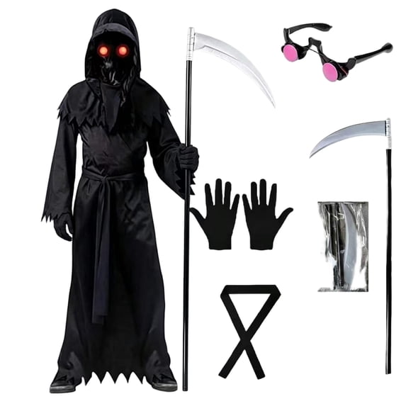 Halloween Grim Reaper Costume for Adults, Light-Up Red Eyes Hooded Robe with Scythe & Gloves, Glow-in-the-Dark Death Outfit, 1 Set Black L