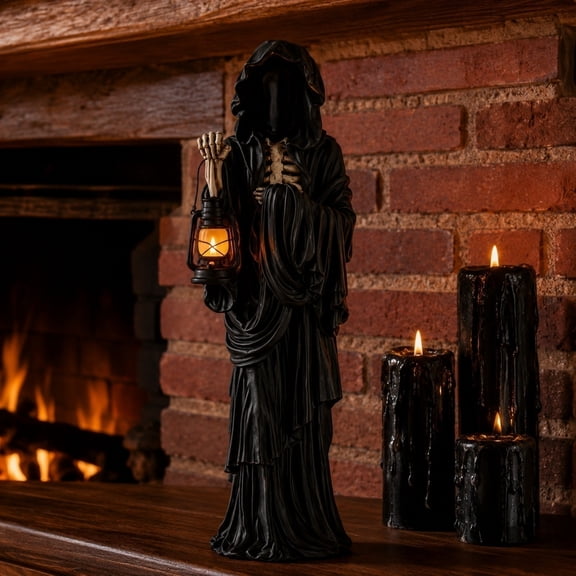 Halloween Grim Reaper Figurine 10 Inch Spooky Ornament with LED Lantern for Desk Mantel Home Indoor Decor