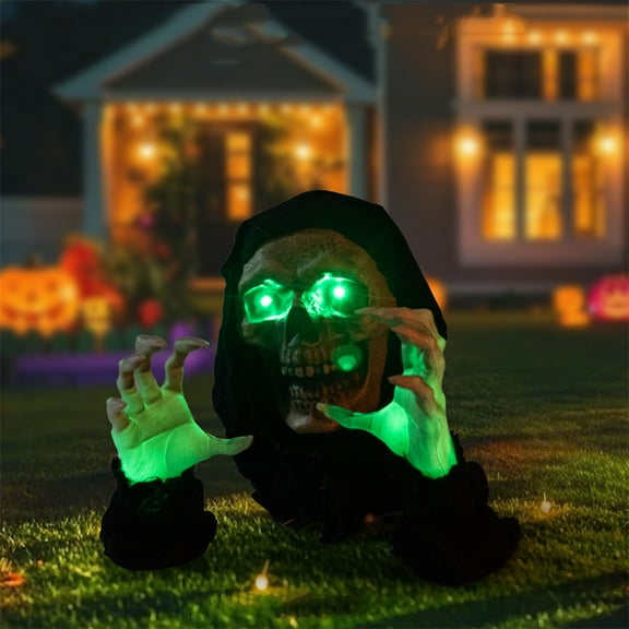 Halloween Grim Reaper Groundbreaker Decoration,Scary Animatronics Skeleton with Glowing Eyes and Sounds for Outdoor Graveyard Haunted House,Sounds Activated Animated Skeleton Props