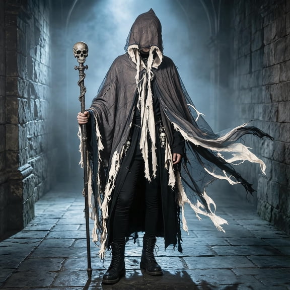 Halloween Grim Reaper Hooded Tattered Cape, Ragged Edge Flowing Cloak for Men Women, for Halloween Party, Cosplay Shoot And Dark Theme Events Black One Size