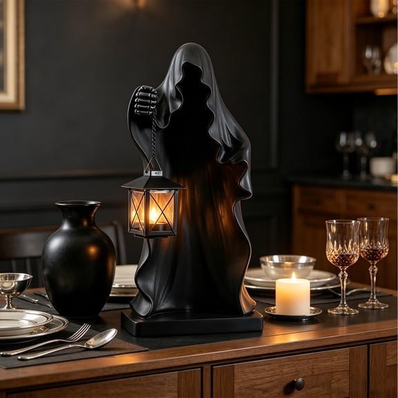 Halloween Grim Statue, Gothic Ghost Decor, Resin Figurine Faceless Wraith With Lantern Black Robe Tabletop Ornament