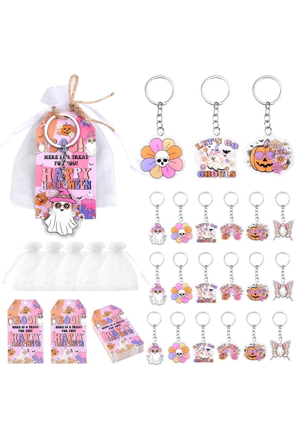 Halloween Groovy Themed Party Favors Three-piece Set (24 Sets) Fun Acrylic Pumpkin Daisy Ghost Keychains with Lets Go Ghouls Butterfly Ghost Stay Spooky Skull Daisy Cards and Organza Bags for Party