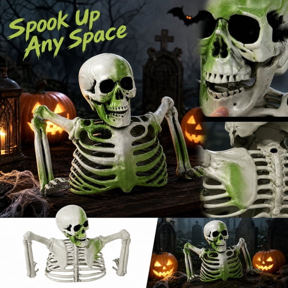 Halloween Half Body Skeleton Decor, Green Skeleton Bust with Movable Jaw, Prop for Yard Lawn Party Decor