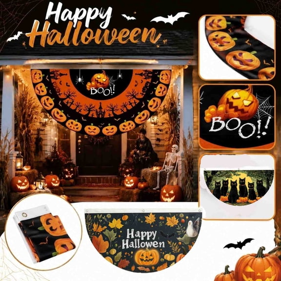 Halloween Half Round Fan Flag with Grommets, Spooky Tree Pumpkin Printed Decor Banner, Multi-Scene Hanging Sign, 1.5 x 3 FT Bunting Flags Outdoor for Fence Porch Halloween Decorations