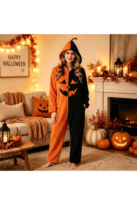 Halloween Half-and-Half Jack-O-Lantern Onesie, Zip-Up Hooded Flannel Jumpsuit with Pointed Stem Hat & Pockets (1 PC) Black L