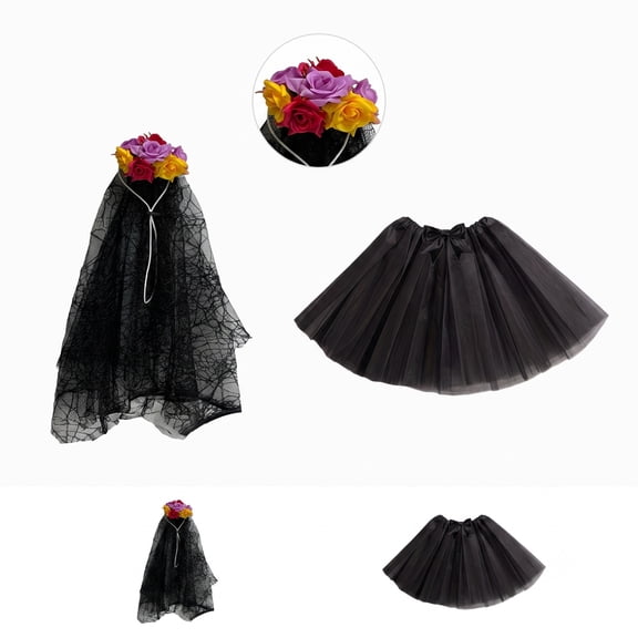 Halloween, Halloween Skull Bride Themed 2-Piece Set with Floral Crown Veil, Spiderweb Tulle Headpiece and Stretchy Tutu, Perfect for Halloween Party, Day of The Dead Events, Gift
