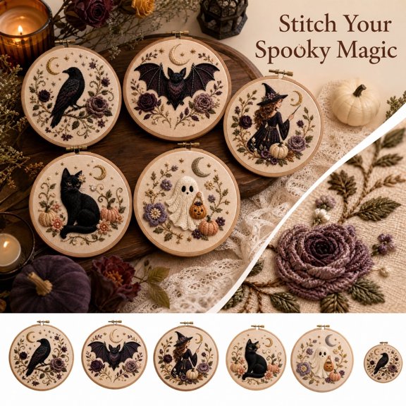 Halloween Hand Embroidery Kit with Pre Printed Fabric Panel,Complete DIY Stitching Set with Yarn and Step by Step Guide for Beginners,Creative Halloween Embroidery Kit