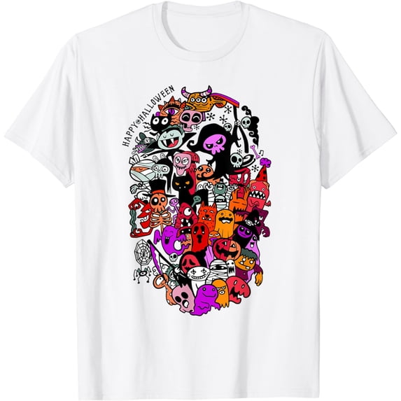 Halloween Hand Illustrated Graffiti Spooky Monsters Scene T-Shirt