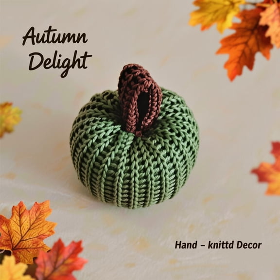 Halloween Hand-Knitted Pumpkin Ornament, Olive Green 2in, Fall Window Farmhouse Mantel Decor