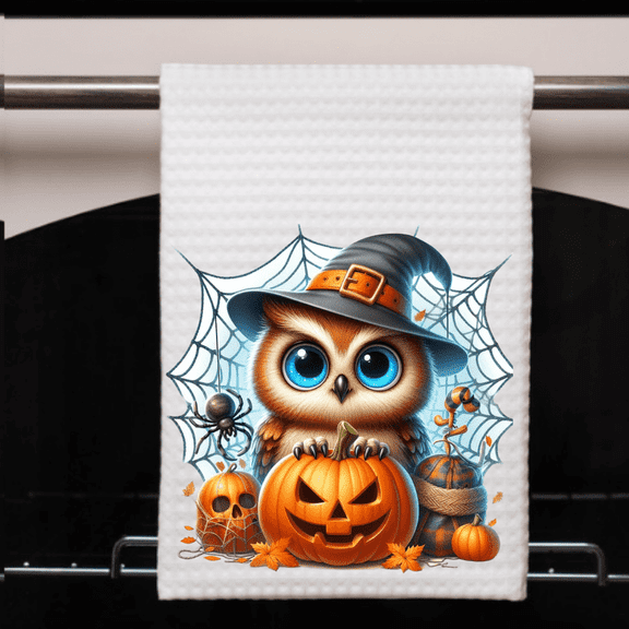 Halloween Hand Towel 16x24 Waffle Weave Spooky Cute Owl Aesthetic Kitchen Bathroom Decor