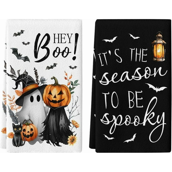 Halloween Hand Towel Set of 2, Hey Boo Hand Towels, 18x26 Inch, Scary Pumpkin Towel for Bathroom Home Kitchen, Soft Towel Fall Halloween Holiday Decoration, Black Cat Bats Decor Towels