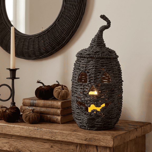 Halloween Hand Woven Pumpkin Lantern - Farmhouse Rattan Jack-O-Lantern with LED Light - Multifunctional Storage & Decor - Halloween Party Decorations for Mantle & Dining Room & Porch(Black 1PC S)