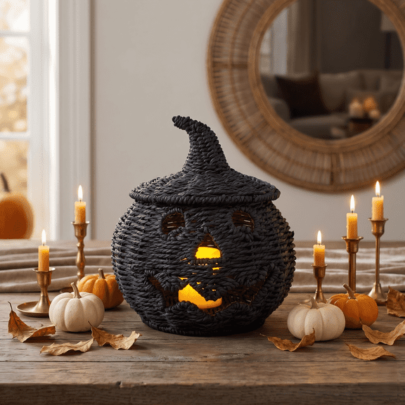 Halloween Hand Woven Pumpkin Lantern - Farmhouse Rattan Jack-O-Lantern with LED Light - Multifunctional Storage & Decor - Halloween Party Decorations for Mantle & Dining Room & Porch(Black 1PC L)