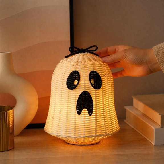 Halloween Hand Woven Rattan Ghost Lamp, Black Bow Decor Night Light, Cute Boho Warm Glow Ornament For Bedroom Mantel Party Decor