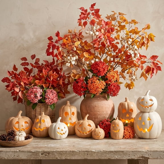 Halloween Handcrafted Jack-O'-Lantern, Set Of 3 Hand-Carved Pumpkin Decor, Durable Kiln-Fired Autumn Halloween Centerpiece for Indoor Tabletop, Mantle & Fall Home Decoration 2026