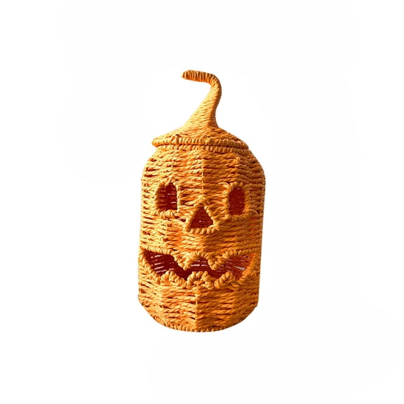 Halloween Handcrafted Woven Seagrass Pumpkin with Witch Hat, Iron Frame Paper Rope Candy Storage Basket Home Decor