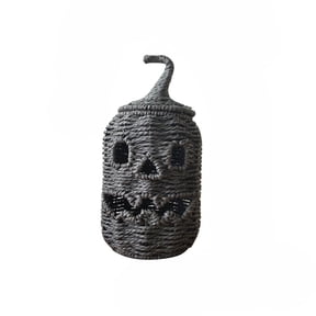 Halloween Handcrafted Woven Seagrass Pumpkin with Witch Hat, Iron Frame Paper Rope Candy Storage Basket Home Decor