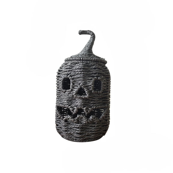 Halloween Handcrafted Woven Seagrass Pumpkin with Witch Hat, Iron Frame Paper Rope Candy Storage Basket Home Decor