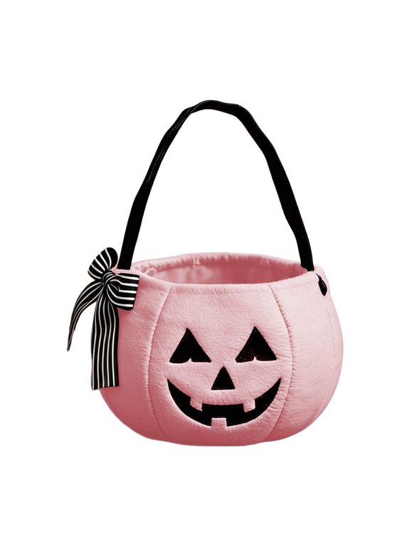 Halloween Handheld Bow Embroidered Pumpkin Basket 7.9 x 5.2 Inch cloth Pumpkin Basket Trick or Treat Buckets Goodie Candy Gift Bags for Halloween Gift Decoration,20cm,Pink