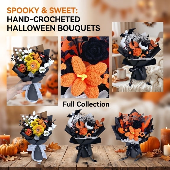 Halloween Handmade Crochet Flower Bouquet, Yarn Knitted Rose Sunflower with Jack O Lantern Ghost Eyeball Bat Ornament, Eternal Artificial Flower Bouquet, Spooky Halloween Table Shelf Decor