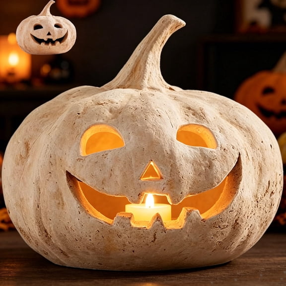 Halloween Handmade Pumpkin Lanterns, Uniquely Designed Resin Pumpkin Lantern, Comes with an Electronic Candle Light with Hand-Carved Details for Home Porch Front Door Mantel Room（Brown）