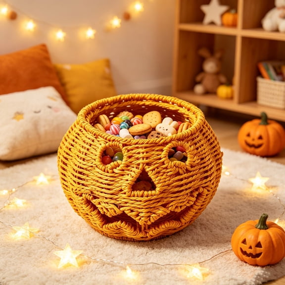 Halloween Handmade Rattan Pumpkin Bowl - Woven Storage Centerpiece for Candy, Fall Holiday Tabletop Decor Gift,Orange