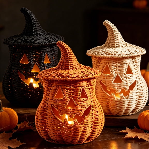 Halloween Handmade Woven Pumpkin Witch Hat Lamp, 9.5'' Jack-O'-Lantern Witch Hat Lamp Hand-Woven Pumpkin Decorations, 2026 Handcrafted Rattan Pumpkin Witch Hat Night Light, Woven Seagrass Light Up