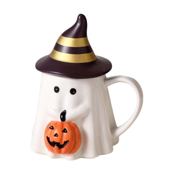 Halloween Handshake Pumpkin Sprites Mug with Lid Ceramic Coffee Cup Cute Ghost Design Food Grade Dishwasher Safe Holiday Gift Decor Fall Beverage Hot Cocoa