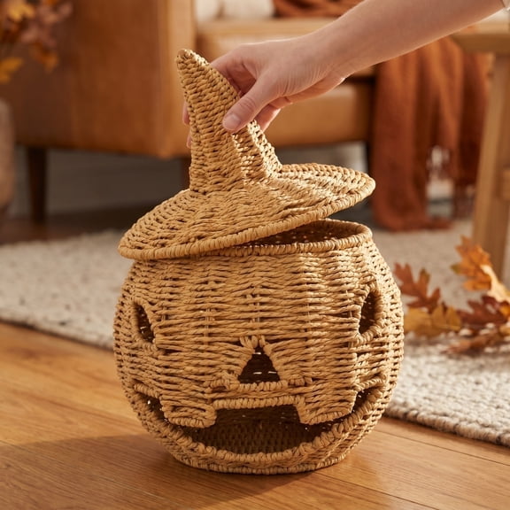 Halloween Handwoven Basket with Witch Hat Lid, Halloween Candy Basket, Pumpkin Trick Or-Treat Bucket for Candy Storage and Festival Display Halloween Treat Holder (A)
