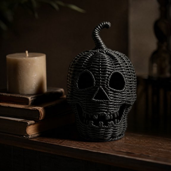 Halloween Handwoven Skull Candle Lantern, Braided Skeleton Shell, Tabletop Light Prop For Halloween Indoor Decorations, Window Sills And Sideboard Holiday Arrangements